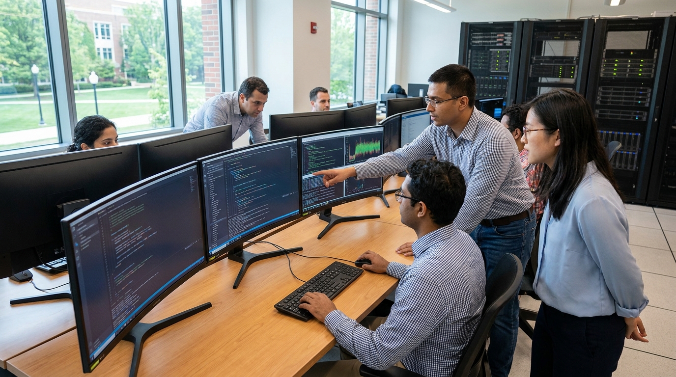 Photorealistic, high-resolution photograph, natural lighting, DSLR quality. documentary photography, candid moment, journalistic realism, natural ambient light. A high-tech computer lab with AI researchers analyzing complex algorithms on multiple screens.