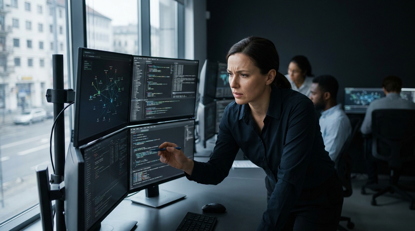 Photorealistic, high-resolution photograph, natural lighting, DSLR quality. documentary photography, candid moment, journalistic realism, natural ambient light. A cybersecurity analyst monitoring network activity for signs of an ongoing cyber attack.
