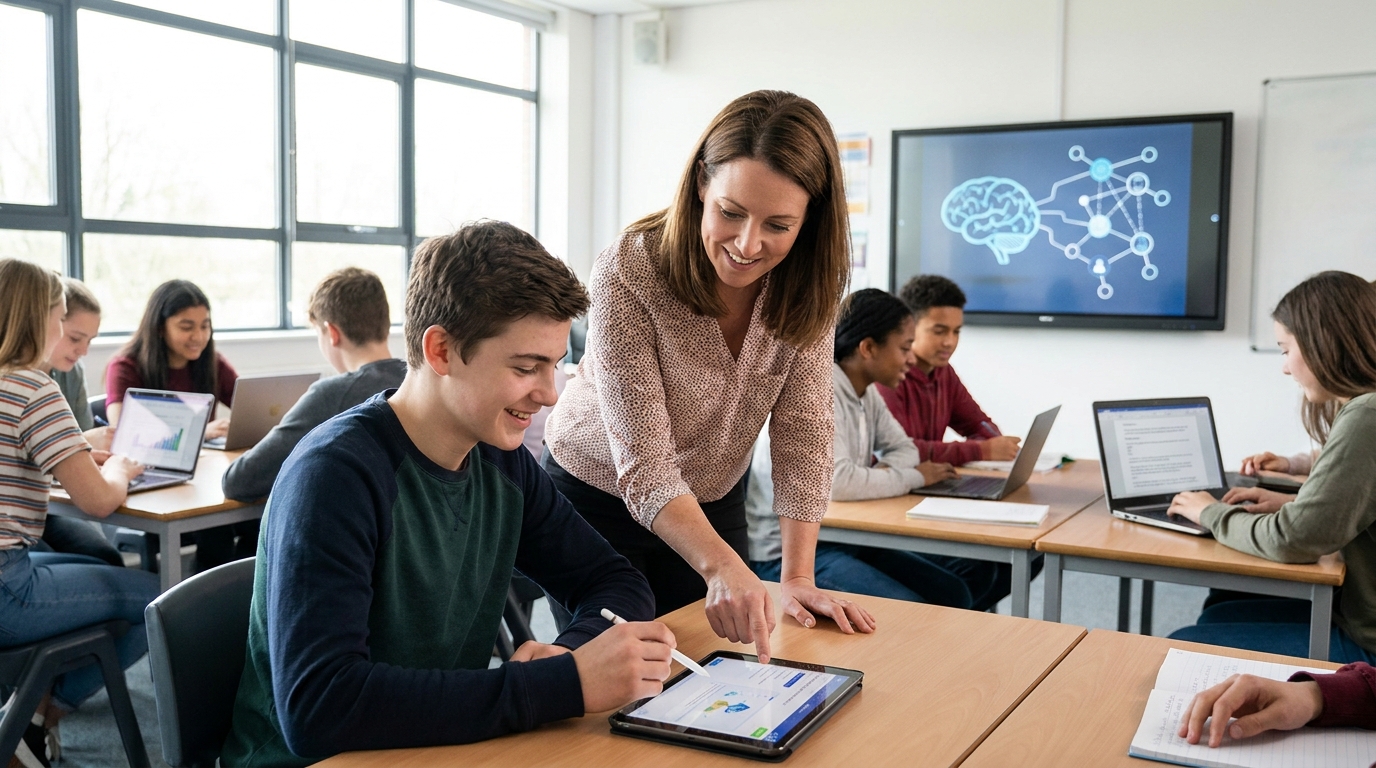 Photorealistic, high-resolution photograph, natural lighting, DSLR quality. documentary photography, candid moment, journalistic realism, natural ambient light. A classroom scene showcasing AI-assisted learning with students and teachers interacting.