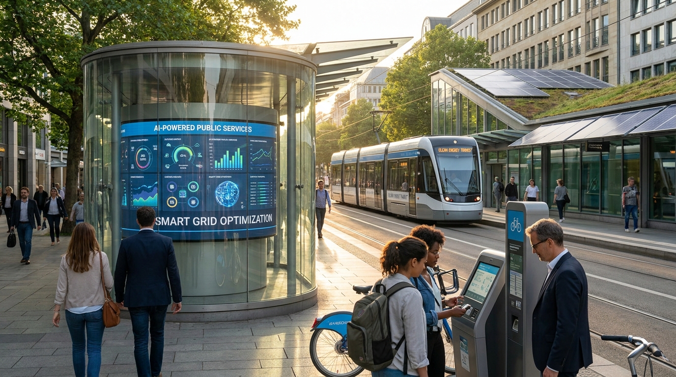 Photorealistic, high-resolution photograph, natural lighting, DSLR quality. documentary photography, candid moment, journalistic realism, natural ambient light. A cityscape illustrating smart city solutions integrating AI technology for public benefit.