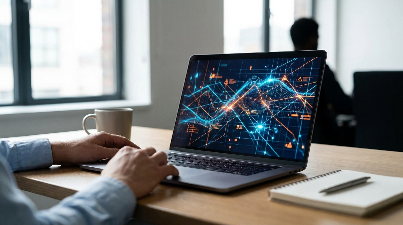 Photorealistic, high-resolution photograph, natural lighting, DSLR quality. documentary photography, candid moment, journalistic realism, natural ambient light. A computer screen showing a digital representation of potential cyber threats.