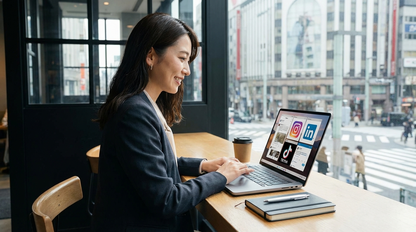 A person working on a laptop with various social media platforms open