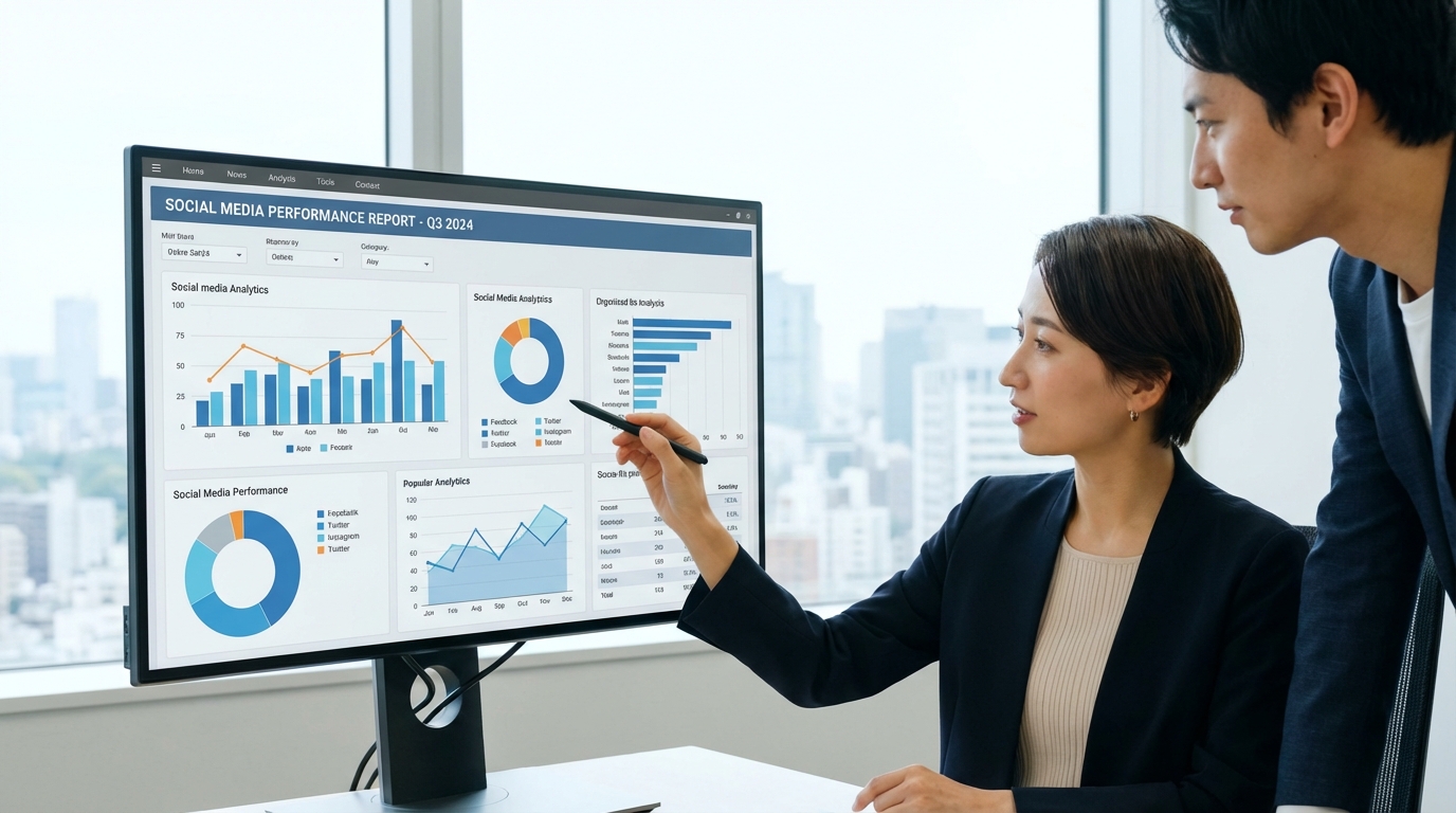 An analytical report of social media performance on a computer screen