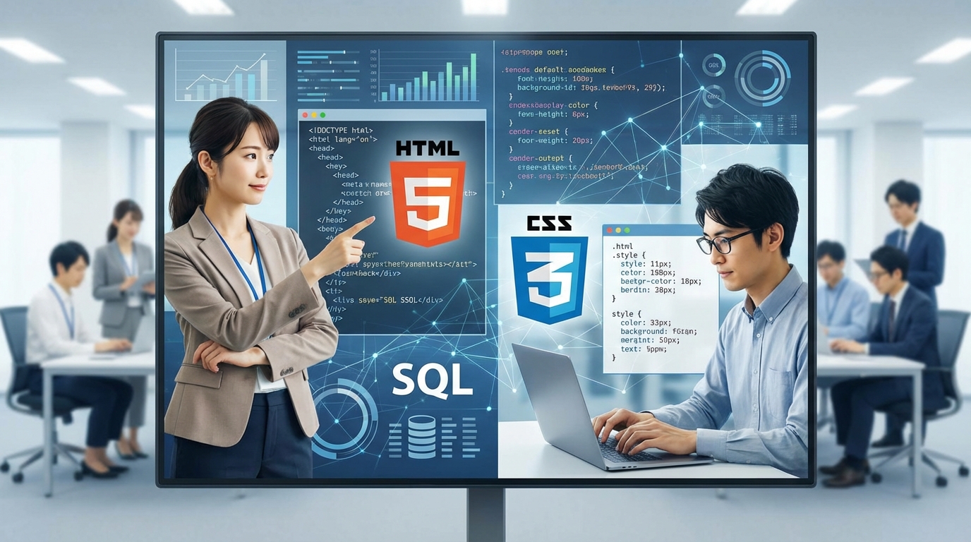 a collage of web development coding languages including HTML, CSS, and SQL